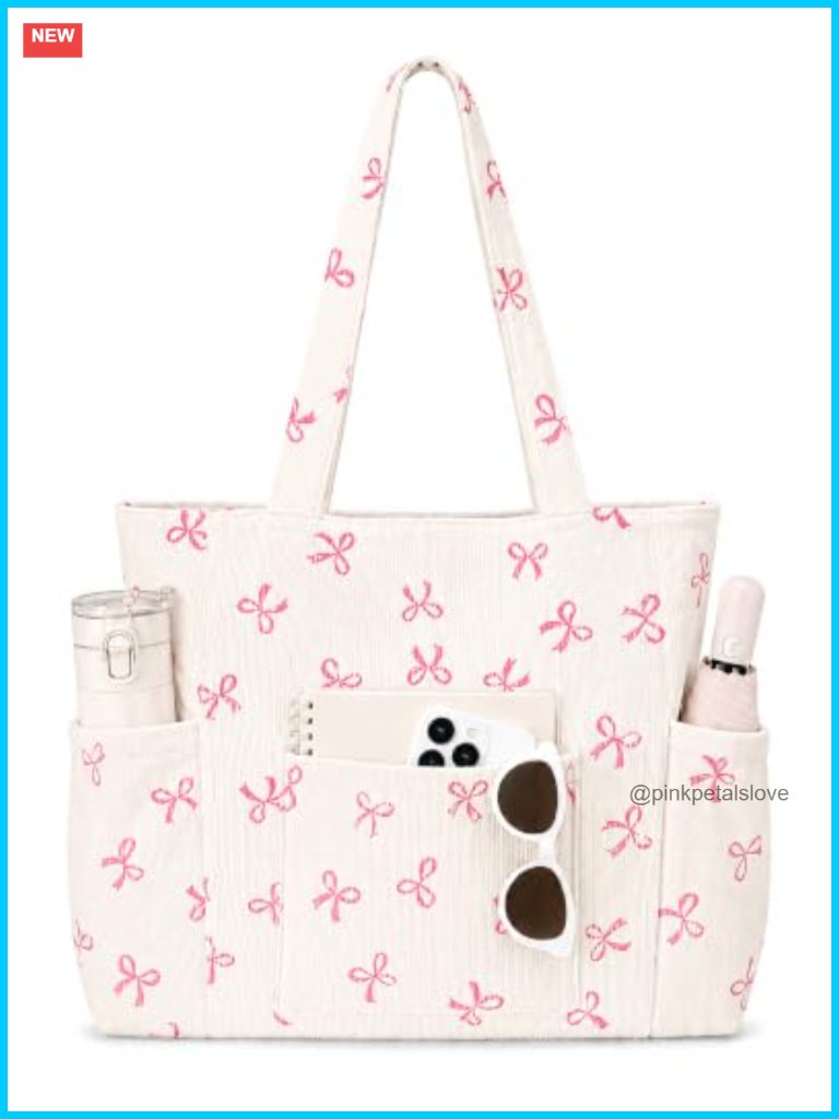 Large Corduroy Tote Bag With Zipper And 6 Pockets, Shoulder Bag For Work Travel